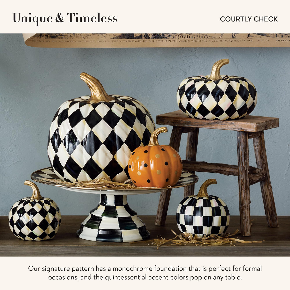 MACKENZIE-CHILDS Resin Pumpkin, Mini, Black-and-White Courtly Check