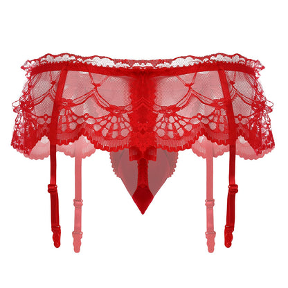 ABAFIP Men Lingerie Frilly Skirted Sissy Thongs Panties Low Waist G-string Garter Belt Crossdressing Underpants Lace Underwear Red One Size