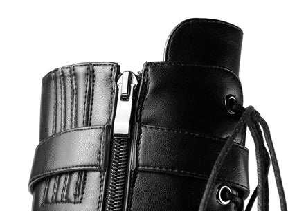 ANN CREEK 'Batian' Classic High Platform Mid Calf Boots Ultra High Stiletto Heels Lace Up Boots Faux Leather Round Toe Tie Up Boots Sexy Black Buckle Strap Thin High Heel Boots Black 10