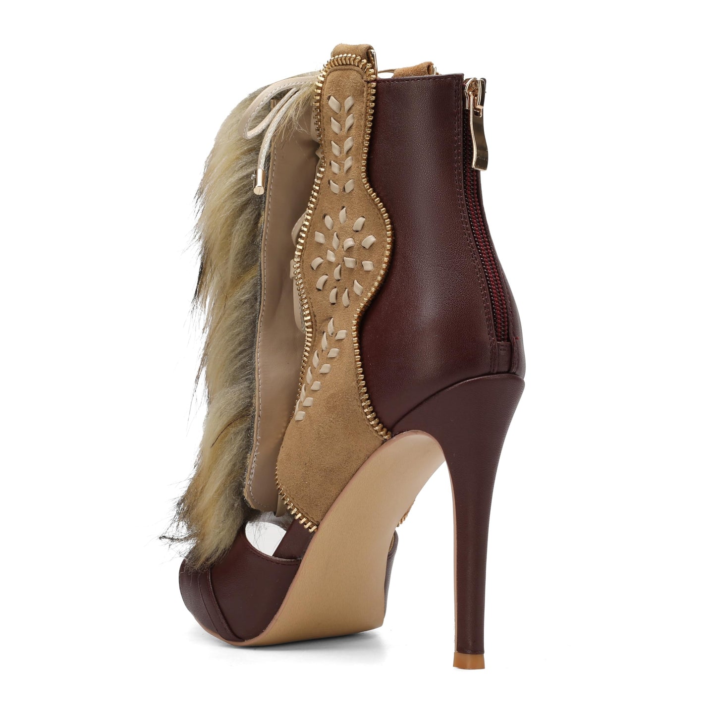 Tracieshoes Women’s Faux Fox Fur Trim High Heel Ankle Boot Sandals Cutout Leather Lace Detail Peep Toe Zip Back 4 Inch Stiletto Heels Party Fashion Shoes Brown Size 7