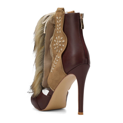 Tracieshoes Women’s Faux Fox Fur Trim High Heel Ankle Boot Sandals Cutout Leather Lace Detail Peep Toe Zip Back 4 Inch Stiletto Heels Party Fashion Shoes Brown Size 7
