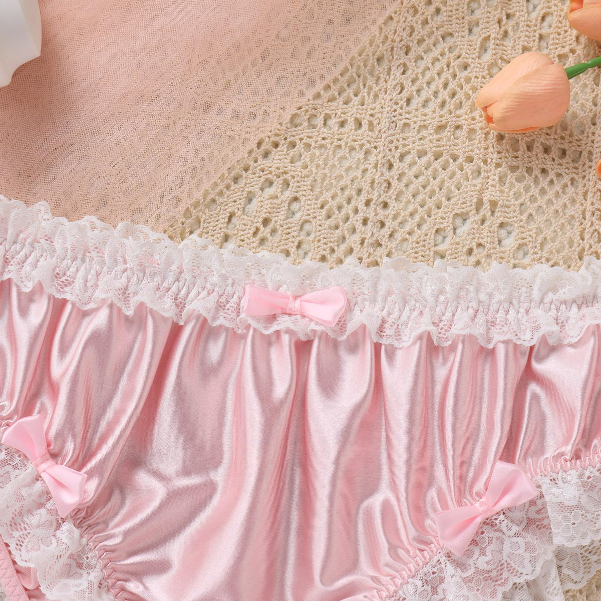 Men's Satin Silk Underwear Ruffle Lace Sissy Panties Bowknot Crossdress Silky Knickers Briefs Pink X-Large