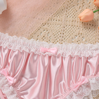 Men's Satin Silk Underwear Ruffle Lace Sissy Panties Bowknot Crossdress Silky Knickers Briefs Pink X-Large