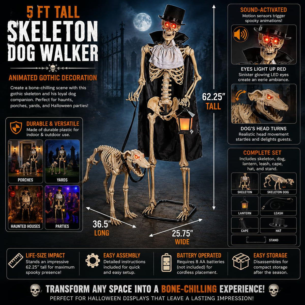Animated Life-Size Skeleton & Dog Halloween Decorations Set - 36.5"x 25.75"x 62.25", 2 Pieces | Perfect Indoor and Outdoor Haunted House Display