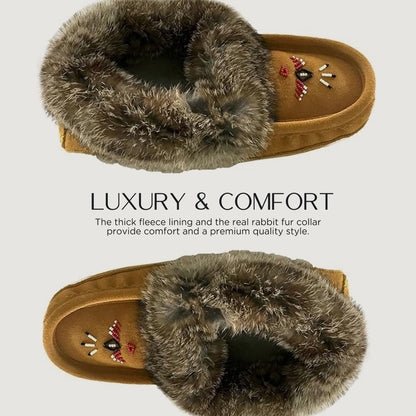 Laurentian Chief Moccasin Slippers for Woman - Orlon Beaded Slippers with Fur Trim and Padded Sole, Canada Quality Womens, Comfortable Stylish Indoor Moccasins for Women