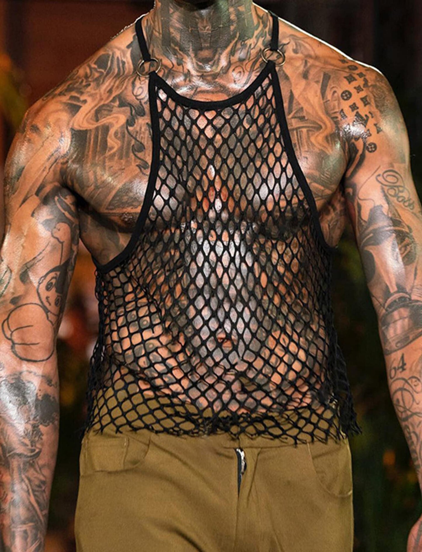 Men's See Through Fishnet Tank Top Sleeveless Racerback Mesh Top Crochet Casual Loose Muscle Shirt Spaghetti Strap Halter Top for Summer 2023 H Black