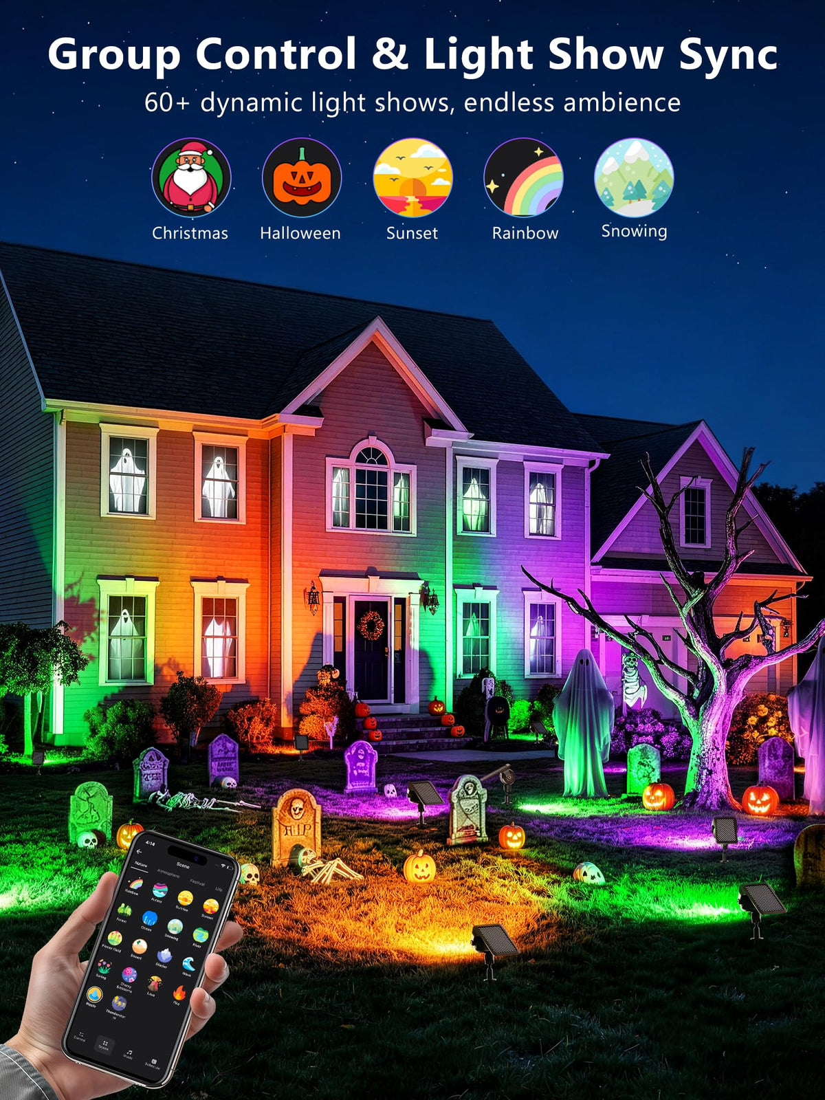 Smart Solar Spot Lights Halloween, Outdoor Yard RGBCW Spotlight