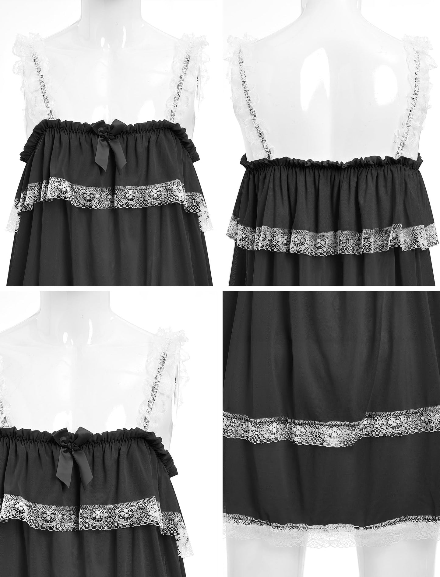 Men's Sissy Nightwear Baggy Mesh Sheer Lingerie Nightdress Ruffle Lace Trim Crossdressing Dress Black Medium