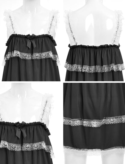 Men's Sissy Nightwear Baggy Mesh Sheer Lingerie Nightdress Ruffle Lace Trim Crossdressing Dress Black Medium