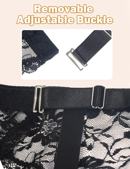 Men Underwear 4 Strap Lace Garter Belt with Thong Set Sissy Lingerie 4 Adjustable Vintage Metal Clips Garter Belts for Thigh Highs Black,S