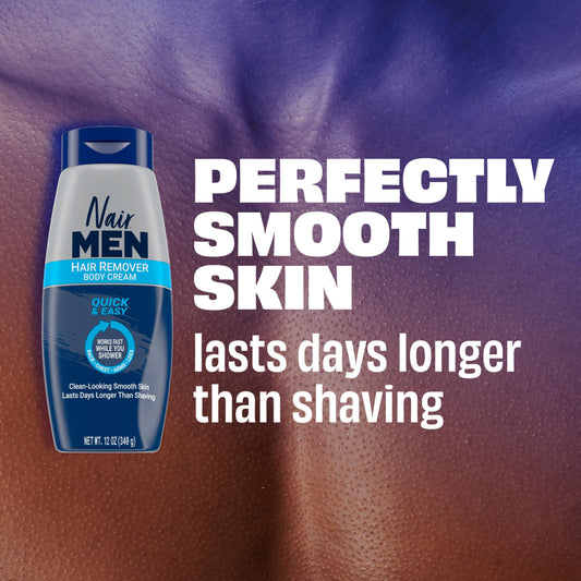 Nair Men Hair Remover Body Cream, Quick and Easy Body Hair Removal Cream for Men, Aloe and Lanolin, Dermatologist Tested, 12 Oz