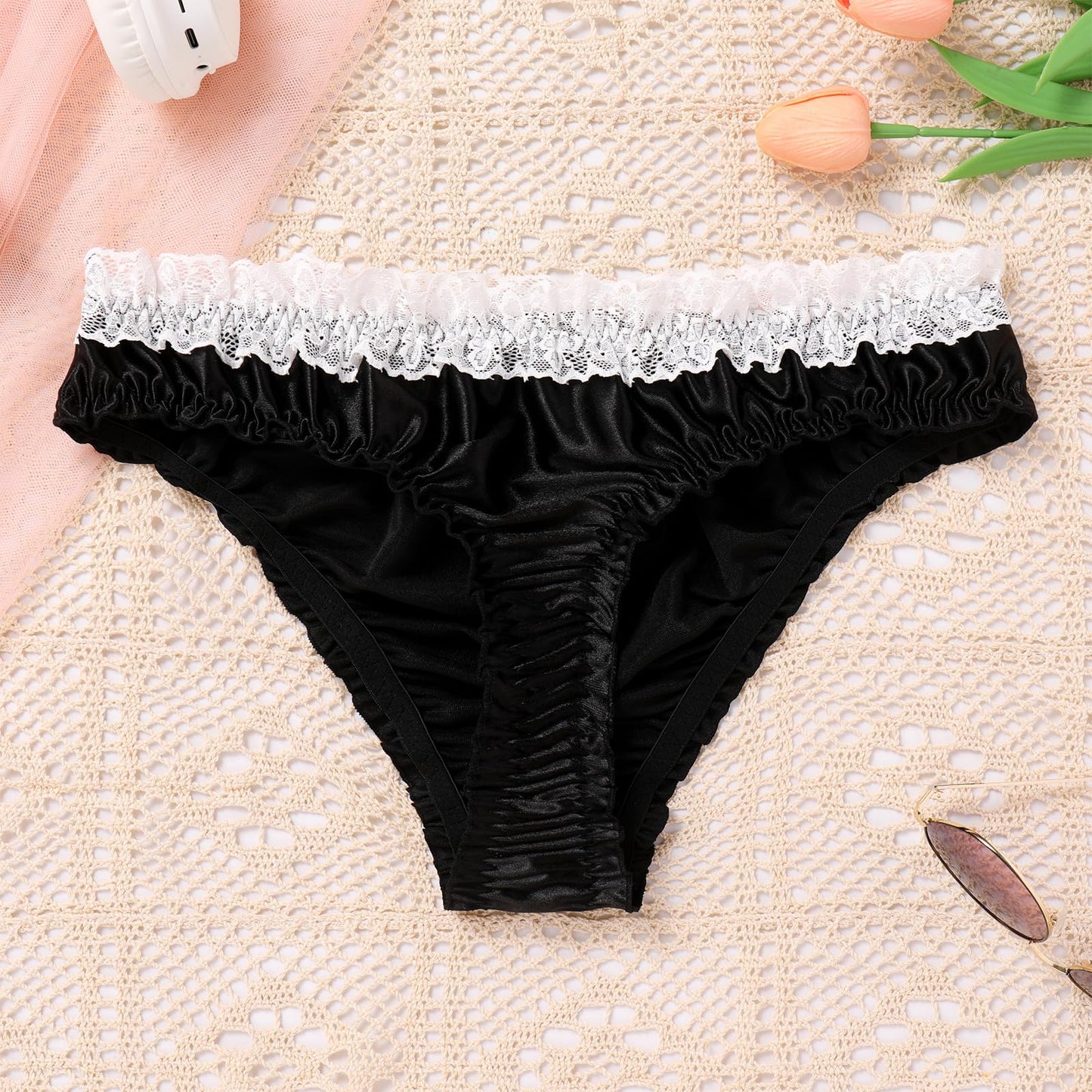Men's Satin Frilly Lace Trim Sissy Bowknot Thong Panties Elastic Waist G-string Briefs Underwear Black Medium