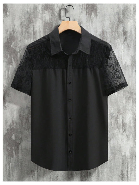 WDIRARA Men's Lace Mesh Button Down Shirts Short Sleeve Collared Party Shirt Summer Tops Black Large