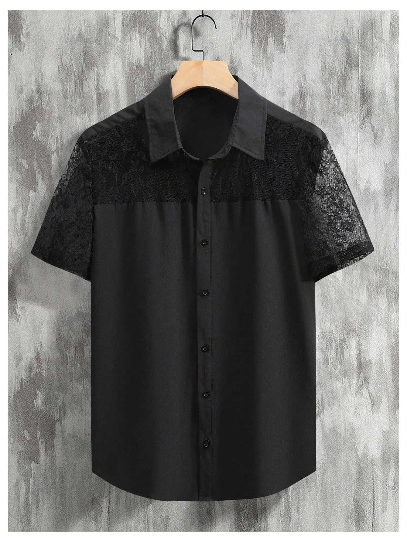 WDIRARA Men's Lace Mesh Button Down Shirts Short Sleeve Collared Party Shirt Summer Tops Black Small