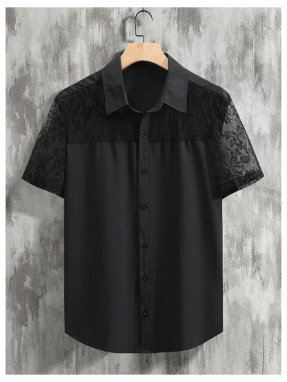 WDIRARA Men's Lace Mesh Button Down Shirts Short Sleeve Collared Party Shirt Summer Tops Black Small