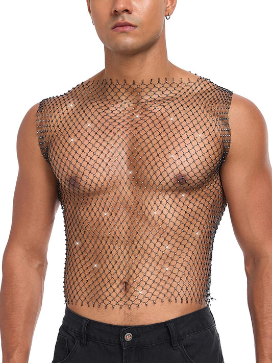 CYCLAMEN Rhinestone Mens Tank Tops Fishnet Sparkly Diamond Sleeveless Shirt See Through Festival Sexy Outfits Rave Party, Black, One Size