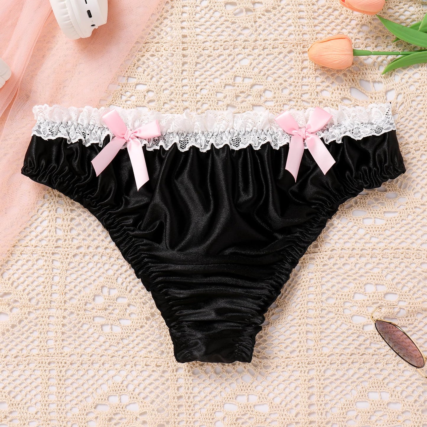 Men's Satin Frilly Lace Trim Sissy Bowknot Thong Panties Elastic Waist G-string Briefs Underwear Black X-Large