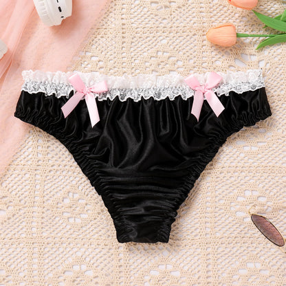 Men's Satin Frilly Lace Trim Sissy Bowknot Thong Panties Elastic Waist G-string Briefs Underwear Black X-Large