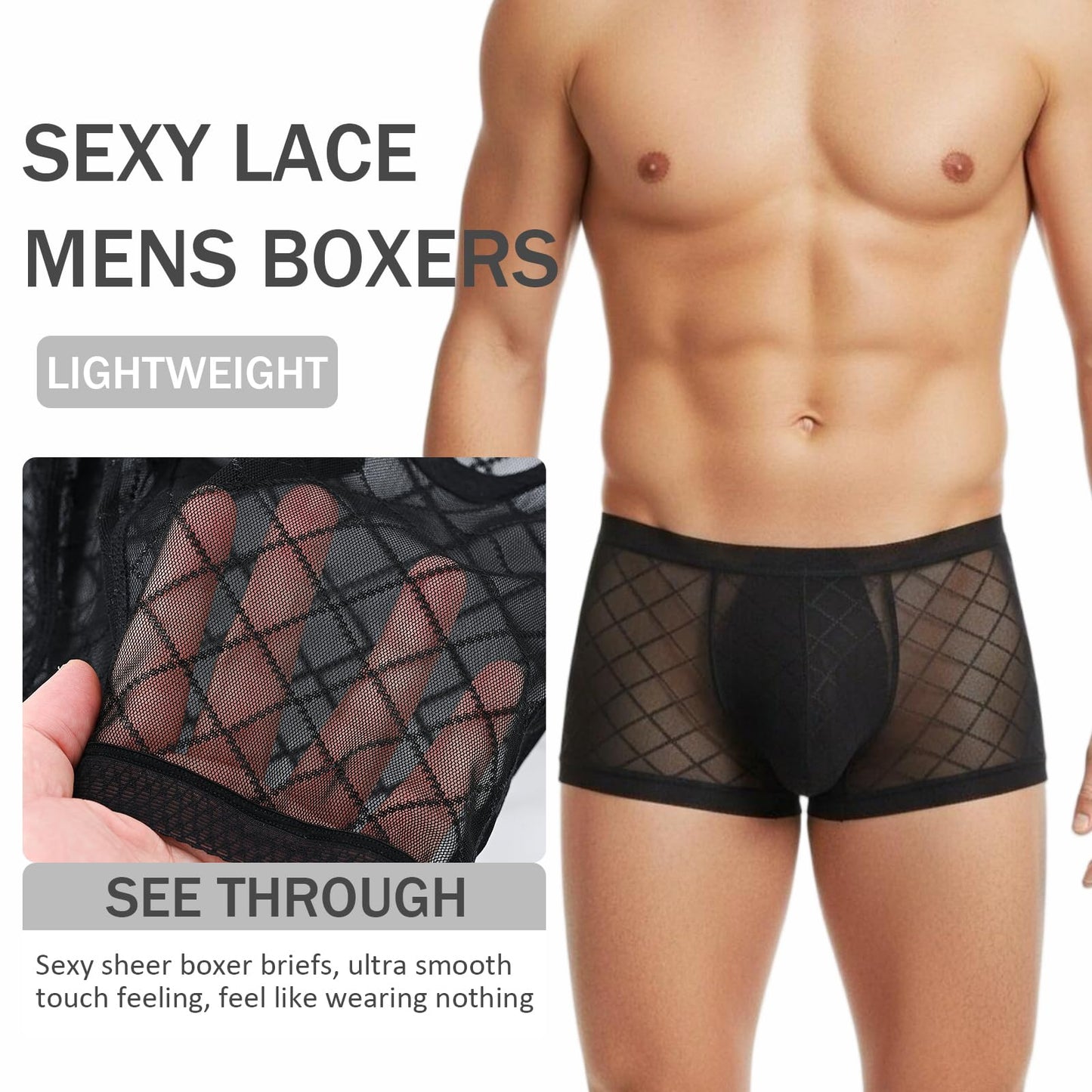 Mens See Through Boxers Sexy Mesh Lace Trunk Underwear Seamless Thin Bulge Pouch Boxer Briefs 3XL 3-Pack Black