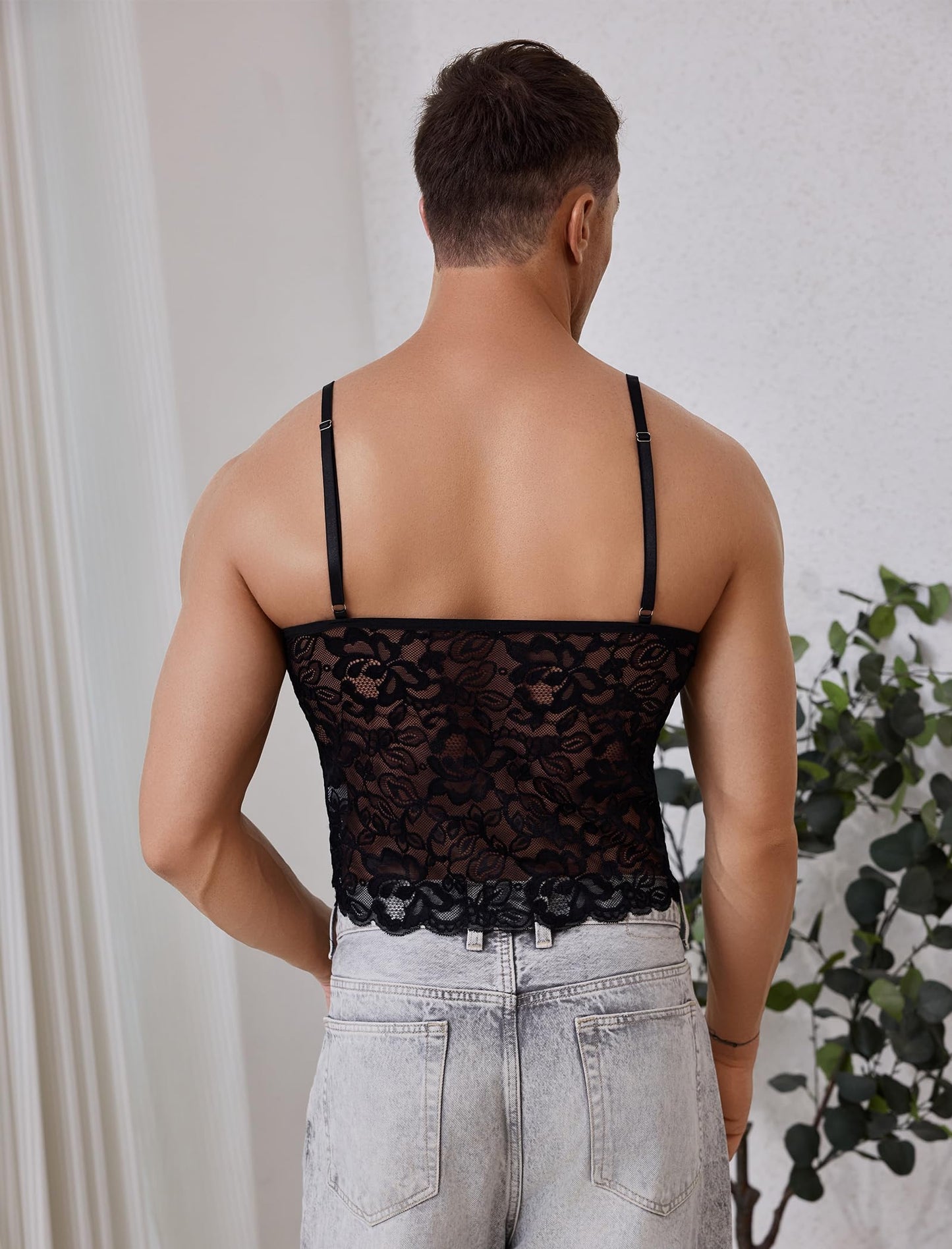 Men’s Lace Cami Top Floral Sheer Camisole Ruffle V-Neck Sleeveless Shirt See Through Undershirt Black Medium