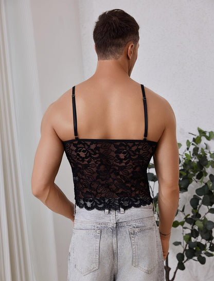 Men’s Lace Cami Top Floral Sheer Camisole Ruffle V-Neck Sleeveless Shirt See Through Undershirt Black Medium