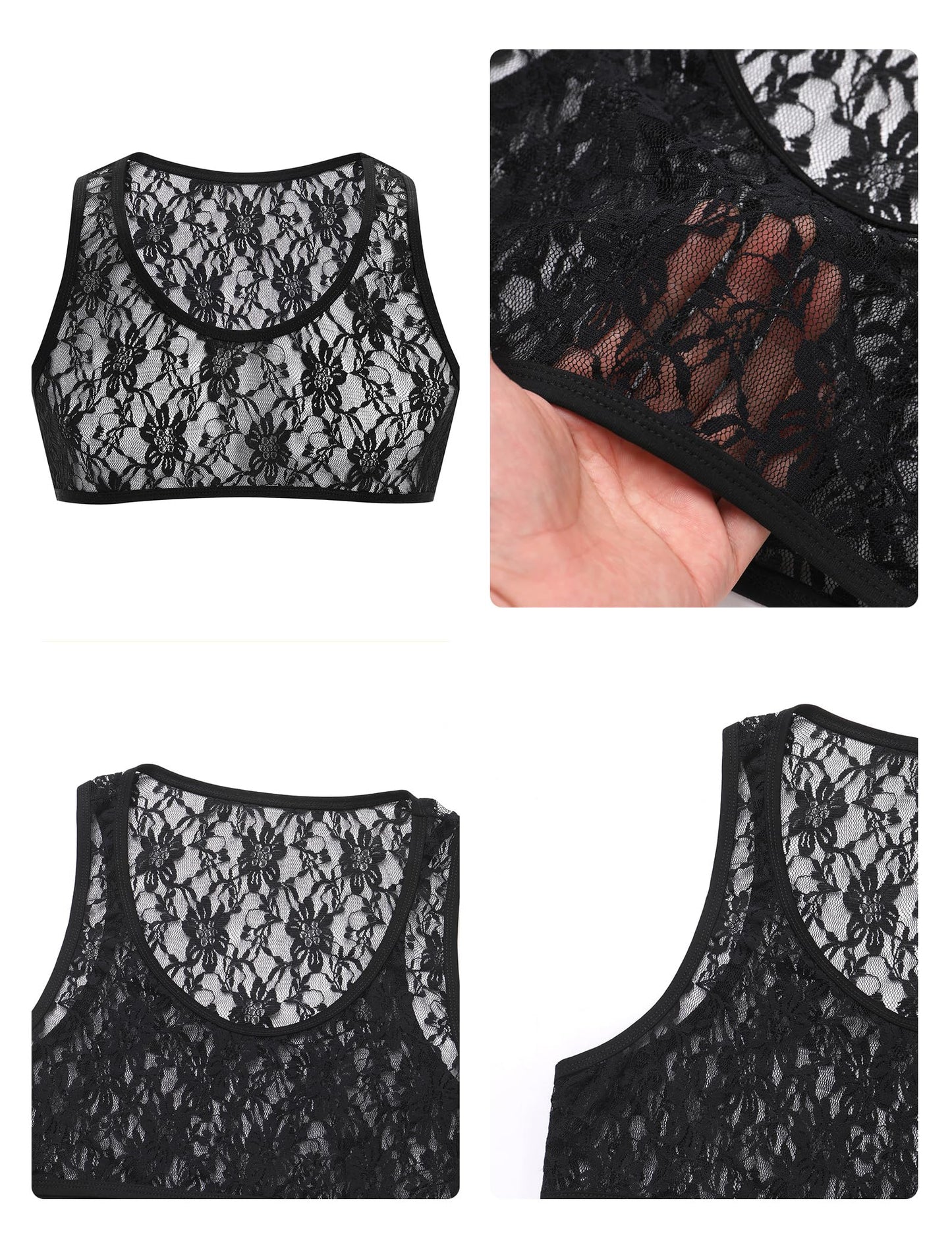 ABAFIP Men's Sissy Lace Muscle Tank Floral Crop Top Semi Transparent Sheer Mesh Vest Half Top Undershirt Black Large