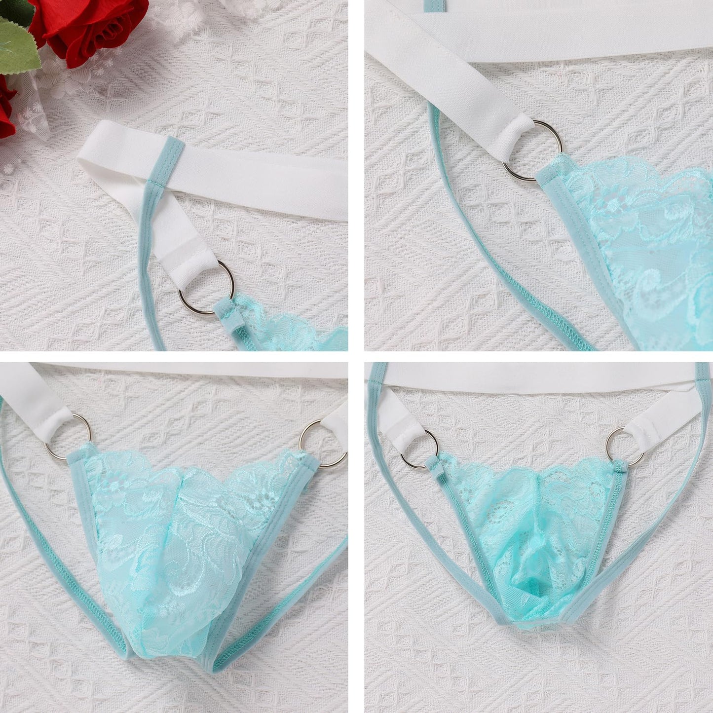 ABAFIP Men's Lace Thong Underwear Low Waist Sissy Pouch G-String Panties Crossdressing Lingerie Light Blue Medium