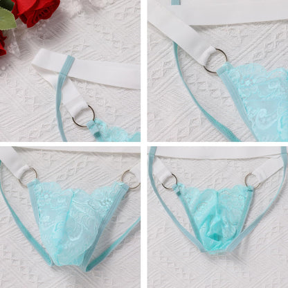 ABAFIP Men's Lace Thong Underwear Low Waist Sissy Pouch G-String Panties Crossdressing Lingerie Light Blue Medium