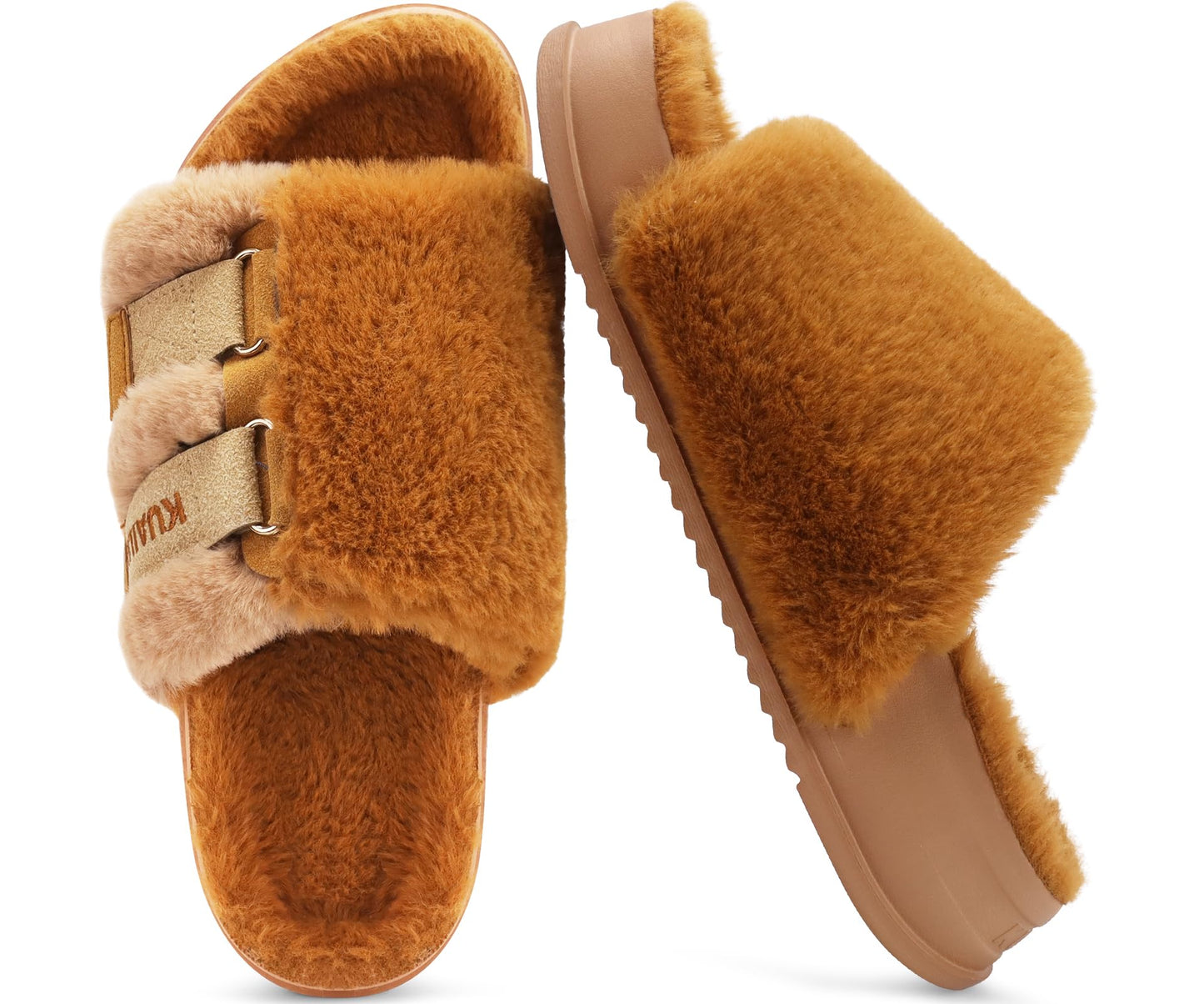KuaiLu Womens Fuzzy Platform Open Toe Slipper with Arch Support Fluffy Furry Slides Orthotic Faux Fur Sandal Ajustable House Slippers Indoor Outdoor Camel Size 9
