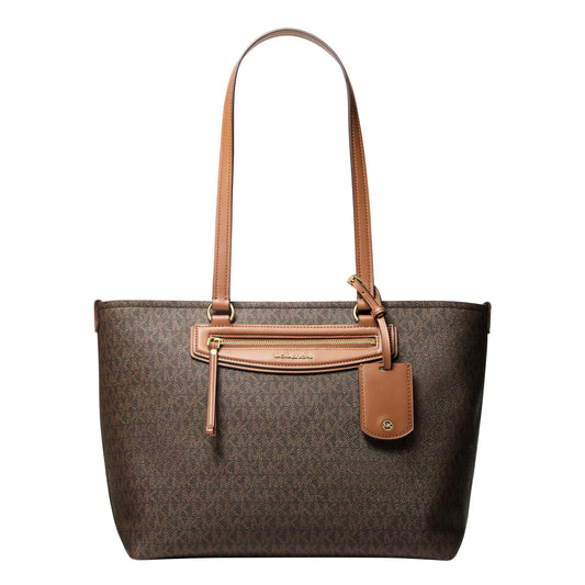 Michael Kors Women's Jet Set Travel Medium Top-Zip Tote, Gold-Tone Hardware/MK Signature Semi Lux Black, Brown/Acorn