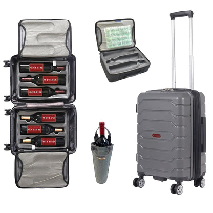 WITIS Wine Travel Luggage for 6-Bottle. Unbreakable Insulated Bag & Ice Pocket, TSA Lock, Spinner Wheels, Expandable (DG, 6)