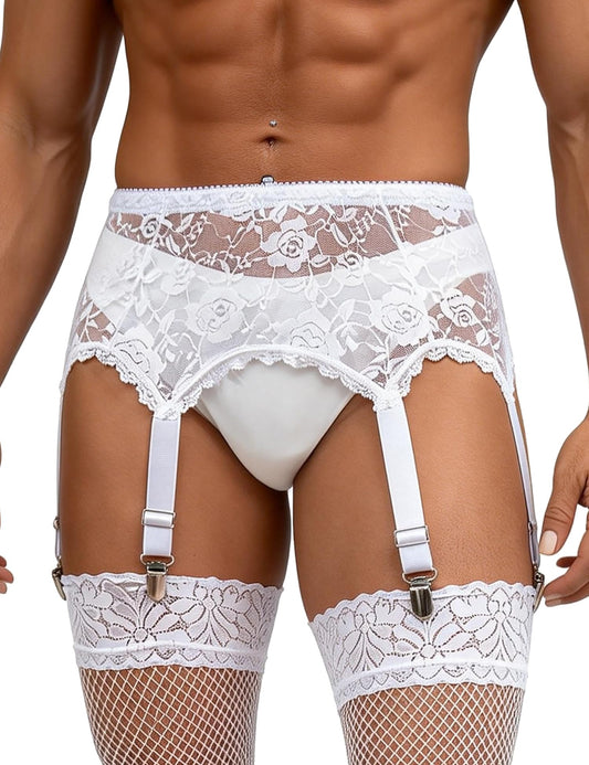 ohyeah Men's 6-Strap High-Waist White Lace Garter Belt with Metal Clamps Adjustable Suspenders Garter Belts for Thigh Highs, L