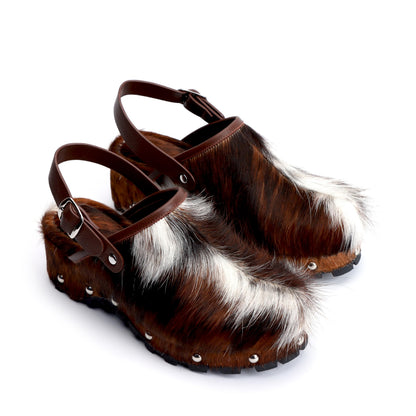 XOBZJH Women's Luxury Natural Cowhide Hair Platform Clogs – Western Retro Slip-On Mules with Zipper and Adjustable Buckle Strap – Handmade Rustic Cow Bone Back Hair Shoes with Arch Support