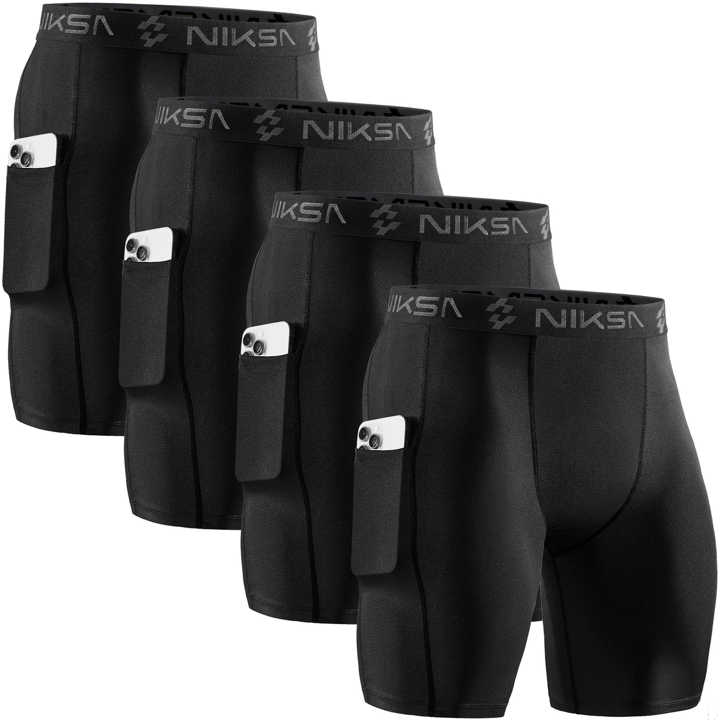 4 Pack Compression Shorts Men with Pocket, Spandex Running Shorts Sport Athletic Workout Performance Underwear