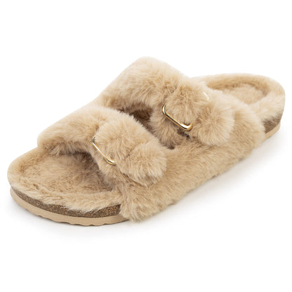 Womens Open Toe Slippers,Faux Rabbit Fur Cork Slides Sandals