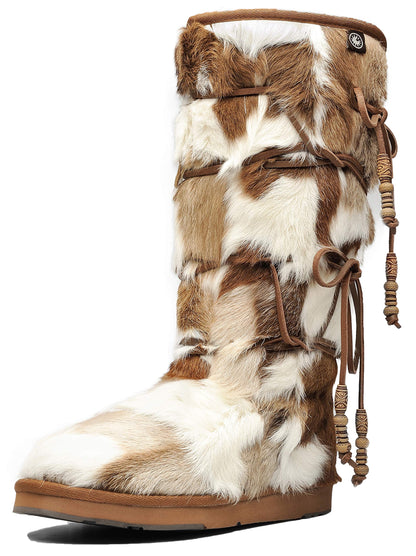 AU&MU AUMU Women Sheepskin Fur Wooden Bead String Stylish Knee High Winter Snow Boots Chestnut Size 9