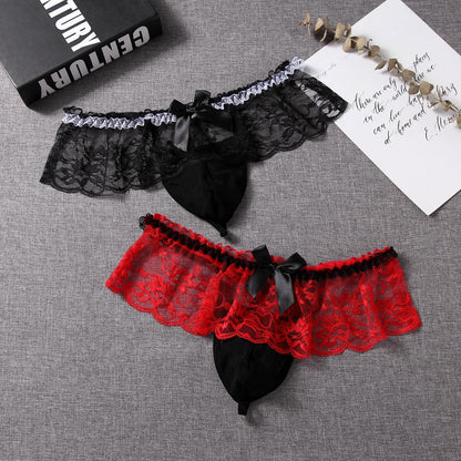 Men's Lace Panties Skirted Sissy Underwear For Men Sexy Lingerie Femboy (US, Alpha, One Size, Regular, Regular, Red)