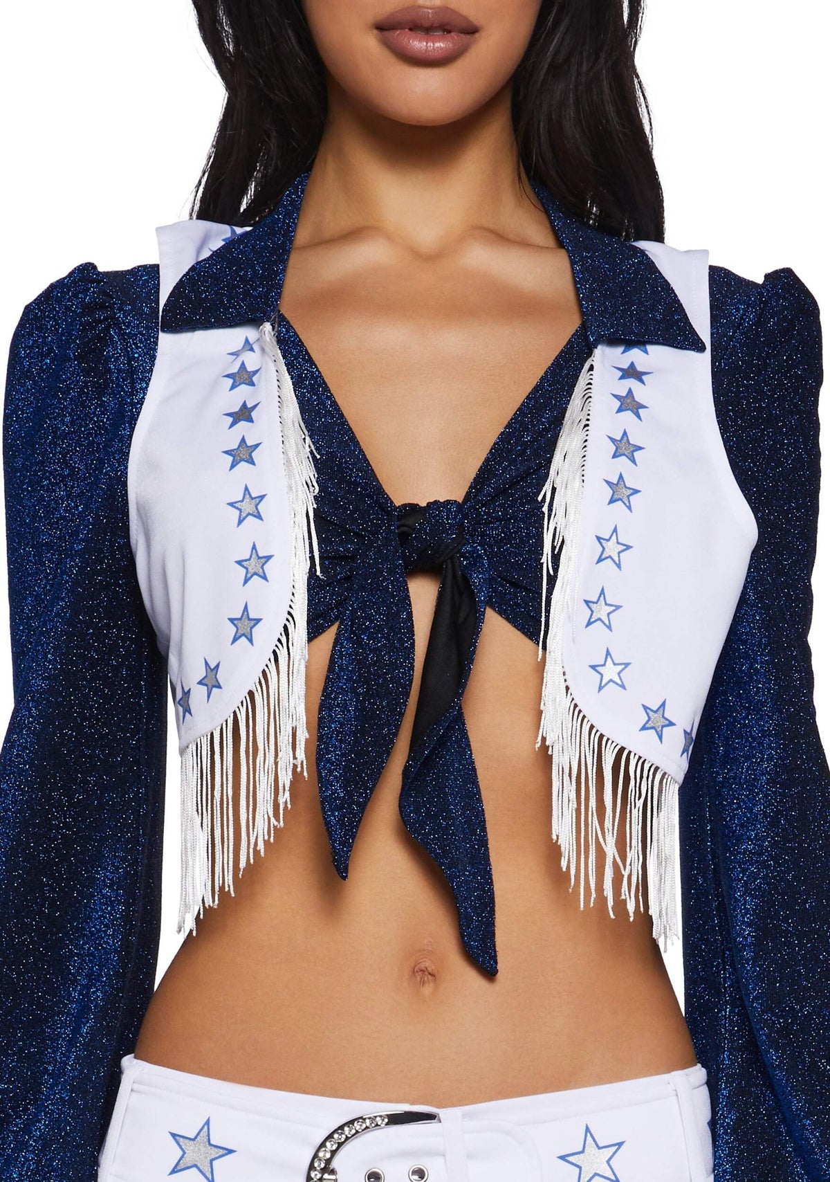 Dolls Kill Lone Star Cheerleader Costume Set by Trickz N' Treatz – Crop Top, Shorts, Vest, Pom-Poms, and Hair Clip – Blue, XX-Small