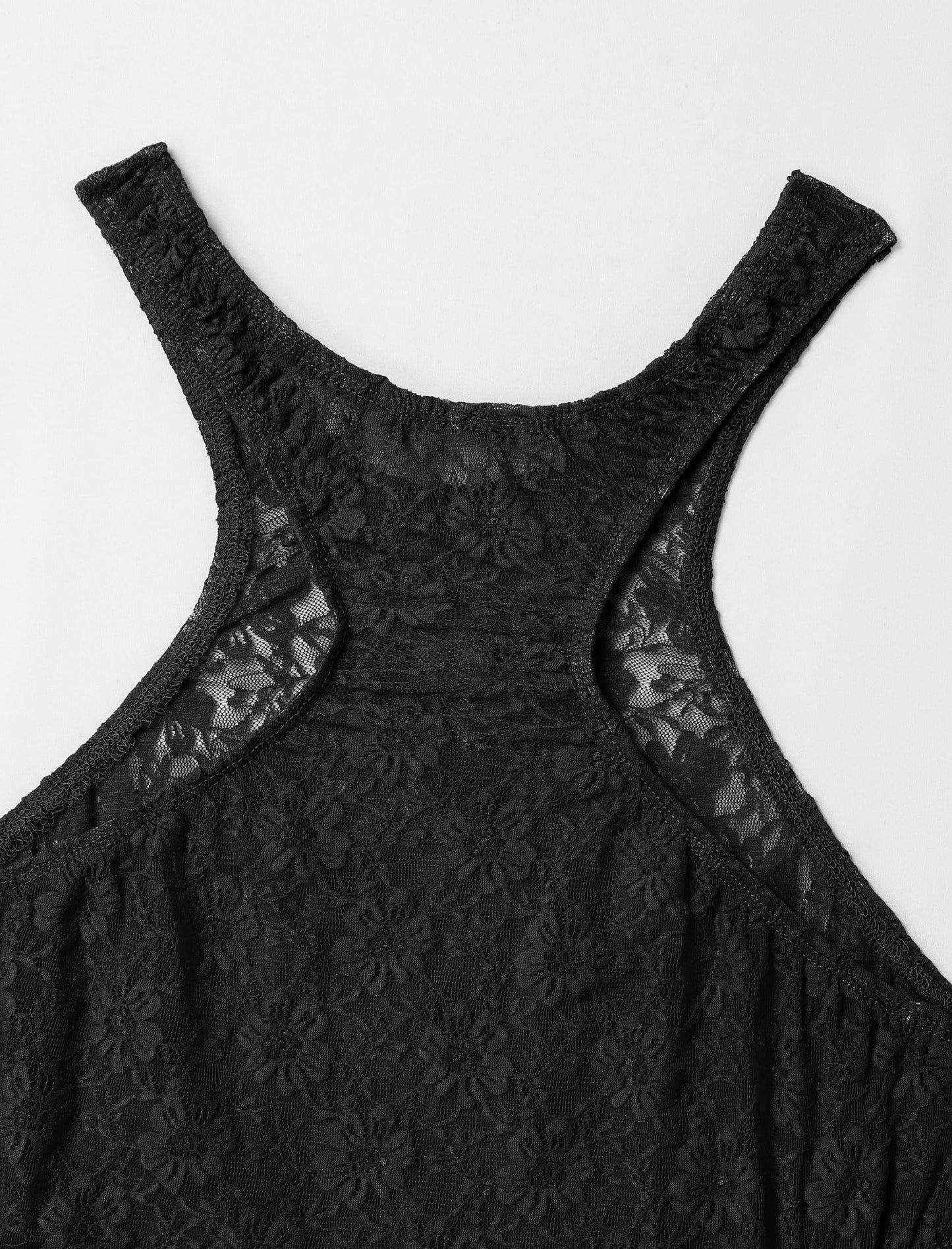ABAFIP Men's Lace Bodysuit High Cut One Piece Leotard Sleeveless Racerback Sheer Lingerie Undershirts Top Black Large