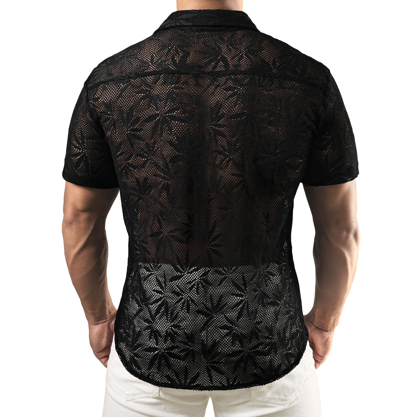 JOGAL Mens Floral Lace Shirt See Through Casual Button Down Shirts Deep Black Small