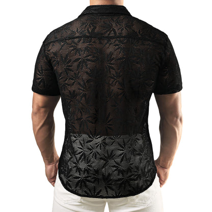 JOGAL Mens Floral Lace Shirt See Through Casual Button Down Shirts Deep Black Small