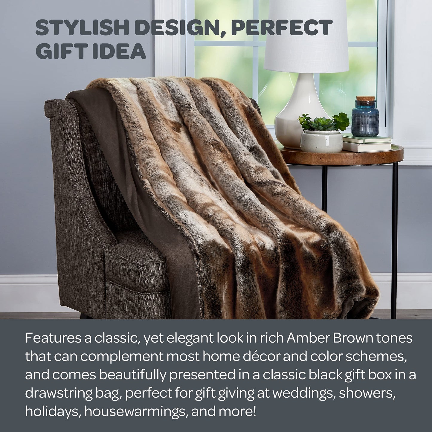 Faux Fur Throw - Luxurious, Hypoallergenic Premium Zobel Faux Marten Sable Fur Blanket with Plush Mink Back and Gift Box, 60x70” by Bedford Home (Amber Brown)
