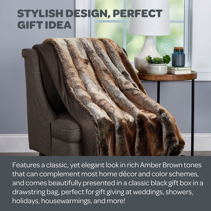 Faux Fur Throw - Luxurious, Hypoallergenic Premium Zobel Faux Marten Sable Fur Blanket with Plush Mink Back and Gift Box, 60x70” by Bedford Home (Amber Brown)