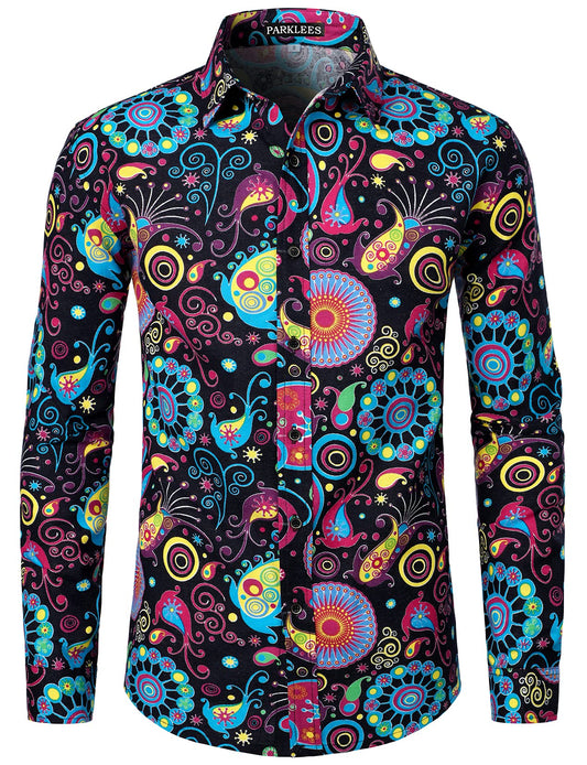 PARKLEES Men's Stylish 70s Paisley Pattern Printed Linen Long Sleeve Button up Shirt Multicolor Large