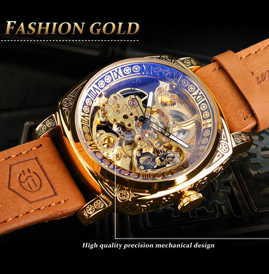 FORSINING Watches for Man, Square Retro Mechanical Watch Self-Wind Carved, Skeleton Automatic Watches Vintage Leather Strap Wristwatch