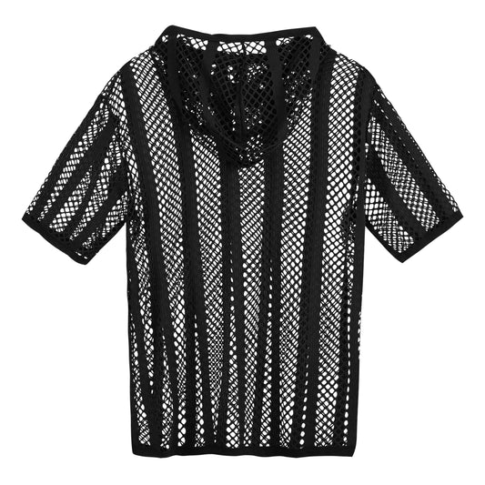 SUMABA Men's Sexy Fishnet Black Mesh Shirt Men Short Sleeve See Through Sheer Hoodies Pullover, Black M