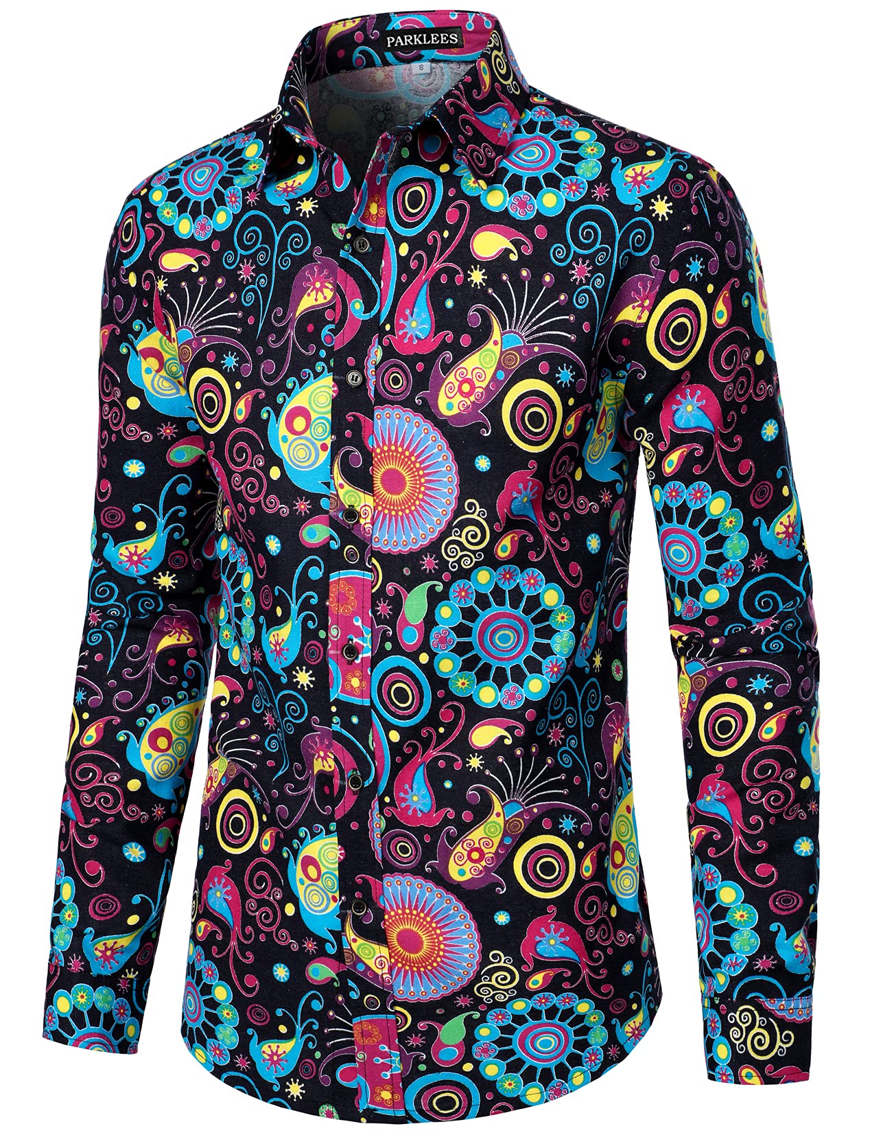 PARKLEES Men's Stylish 70s Paisley Pattern Printed Linen Long Sleeve Button up Shirt Multicolor Large