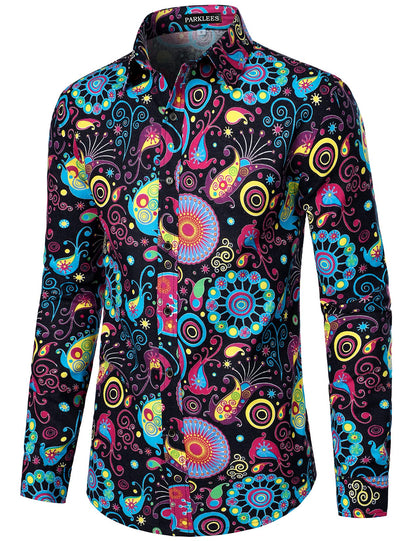 PARKLEES Men's Stylish 70s Paisley Pattern Printed Linen Long Sleeve Button up Shirt Multicolor Large