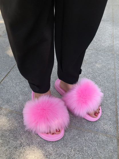 Sissy Faux Fur Slides, Open Toe Cute Pink Fuzzy Slippers, Comfortable Furry Fluffy Slide Sandals