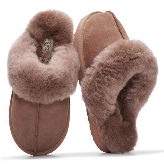 Project Cloud 100% Genuine Leather Slippers for Women Footwear with Genuine Fur Lining Womens Clogs & Mule - Non-Slip Indoor/Outdoor Scuff Womens Slippers with Memory Foam Insole(Henka,CMLSUEDE,5.5)